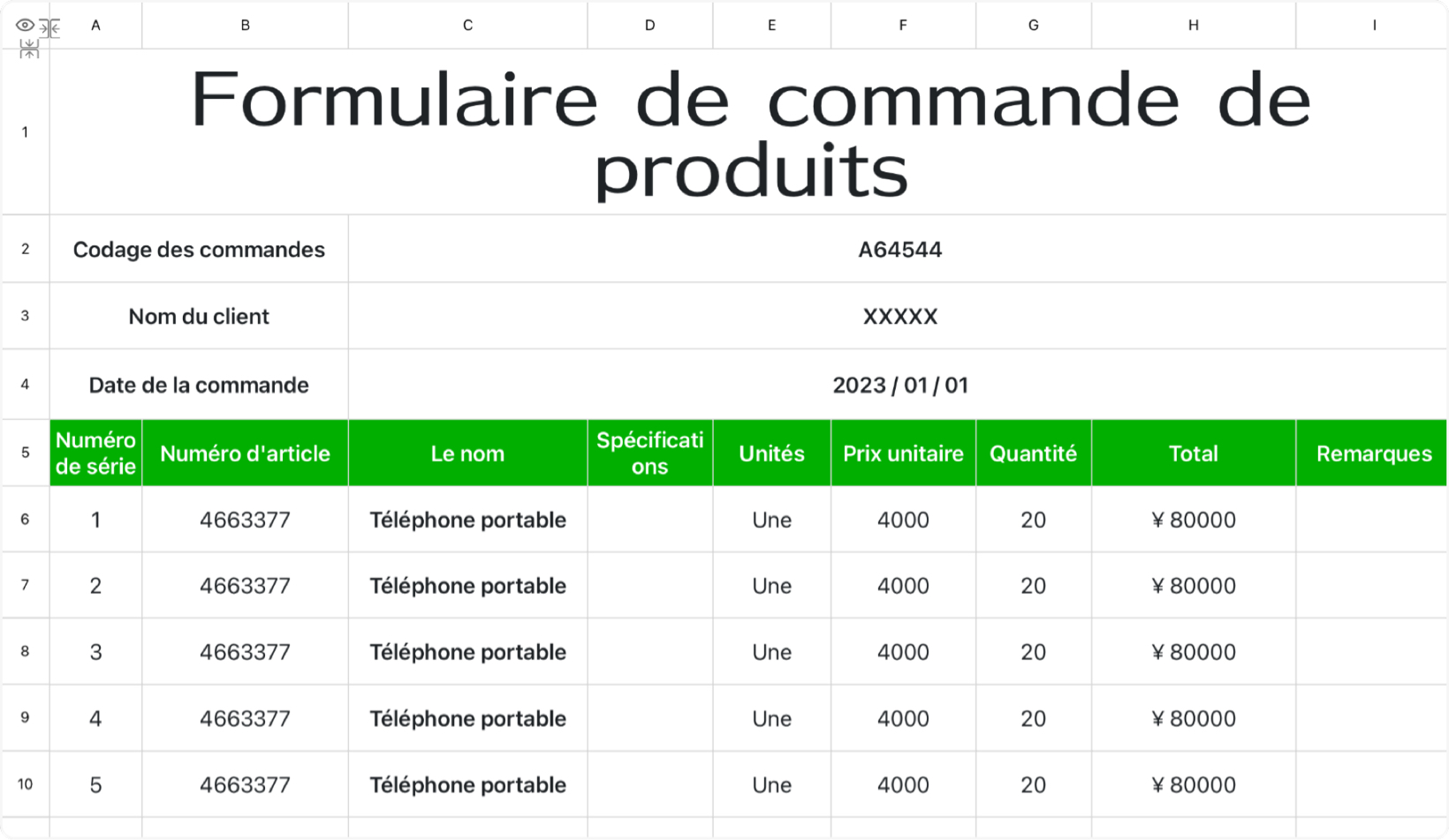Formulaire de commande de produits